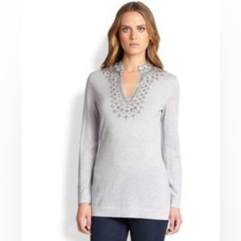 Tory Burch tunic style embellished merino wool sweater size XL